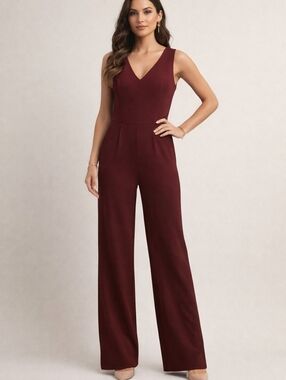 White‎ House Black Market Burgundy Sleeveless V-Neck Jumpsuit Size 8